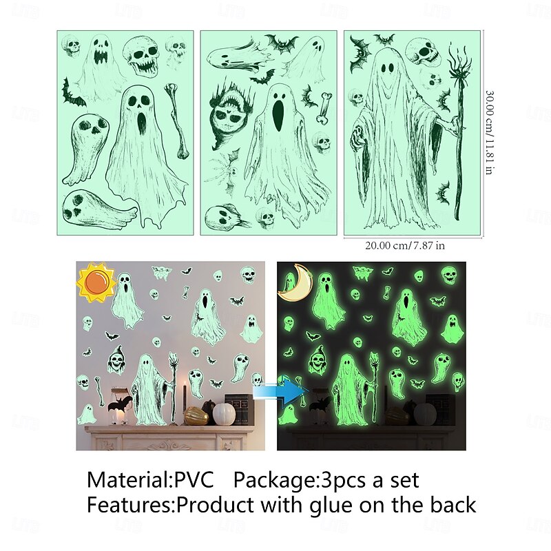 Halloween Wall Window Stickers Glow in the Dark, Scary Eyes Ghost Face Decals Fluorescent Luminous Clings for Day of the Dead Scene Wall Window Decorations3