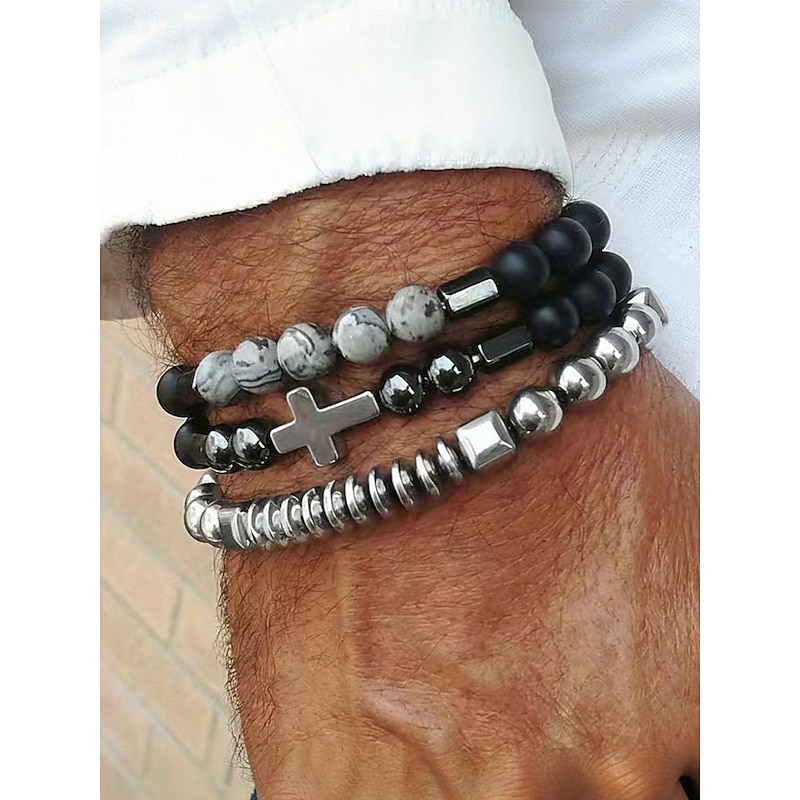 Men's Obsidian Beaded Cross Bracelet Set - Multi-layered matte obsidian and metal beads with grey gemstone decoration, Stretch design, Bohemian style, Ssuitable for daily wear or casual outing