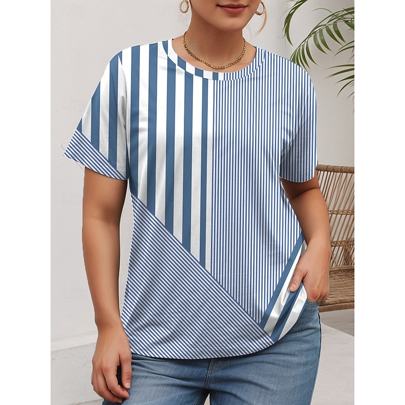 Women's Plus Size Tops T Shirt Graphic Striped Print Short Sleeve Crew Neck Casual Daily Polyester Summer Pink Blue