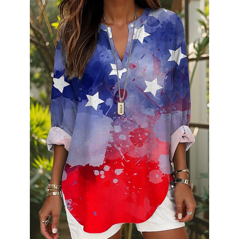 Women's Blouse Tunic V Neck Long Sleeve Boho Casual Patriotic Graphic Flag Stylish Modern Regular Tops Daily Print Black Wine Red Blue Dusty Blue2
