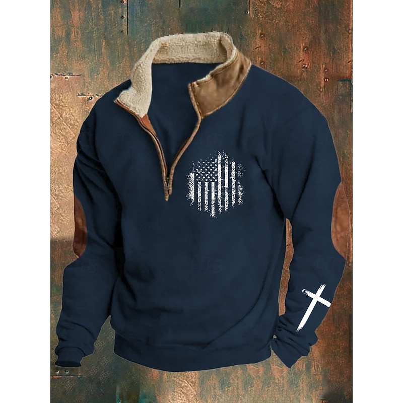 Men's Sweatshirt Quarter Zip Sweatshirt Navy Blue Brown Brown 2 Half Zip Color Block Cross American Flag Half Zip Print Sports & Outdoor Daily Holiday Polyester Vintage Streetwear Casual Fall & Winter3