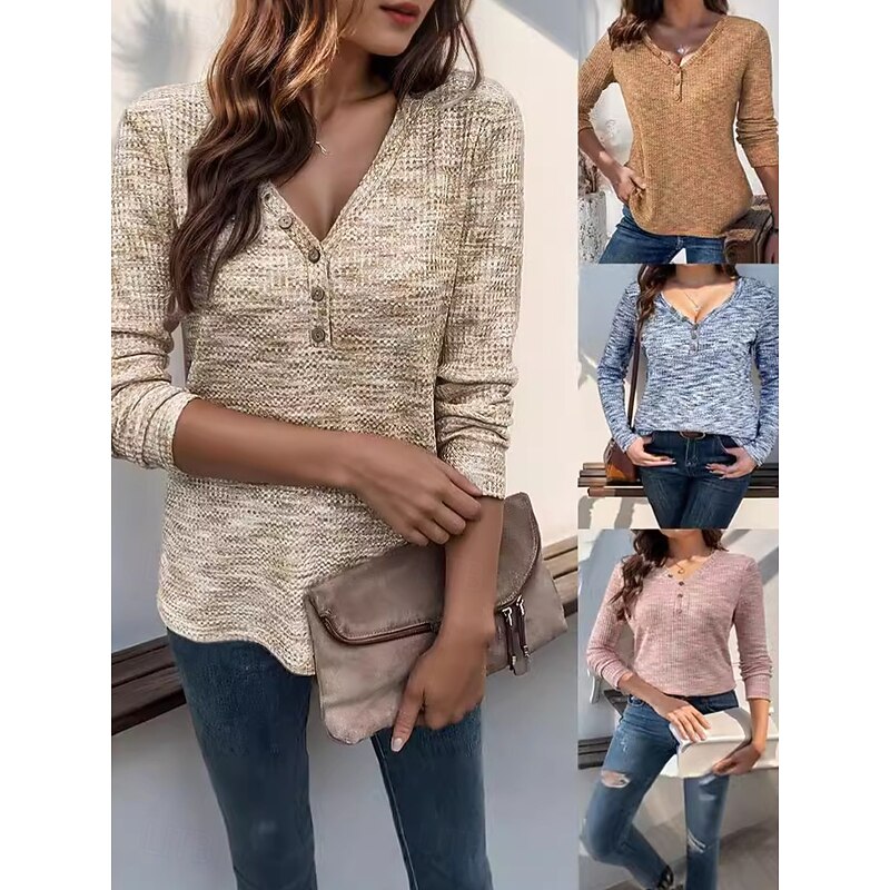 Women's Blouse Geometric Stylish Casual Long Sleeve V Neck Regular Tops Daily Buttons Print Pink Sky Blue Brown Khaki Summer Spring