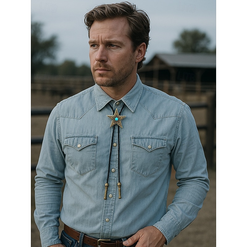 Men's Western Star Bolo Tie with Turquoise Center, Antique Bronze or Silver Metal, Adjustable Braided Leather Cord, Vintage Cowboy Rodeo Neckwear for Country Concerts, Weddings and Daily Wear2