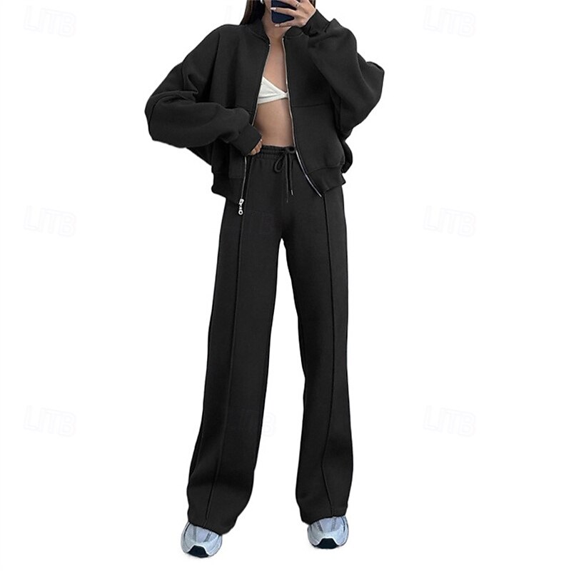 Women's Tracksuit Zip Up Sweatshirt Wide Leg Pants Pocket Solid Colored Clothing Suit Fall Black Burgundy Gym Workout Sports Windproof Long Sleeve Sport Activewear Micro-elastic Regular Fit2