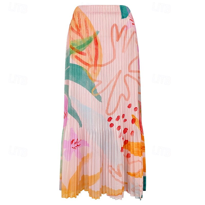 Women's A Line Elegant Bohemia Vintage Fashion Midi Mid Waist Skirts Ruched Stretchy School Vacation Pink Green Rose Red Summer Polyester