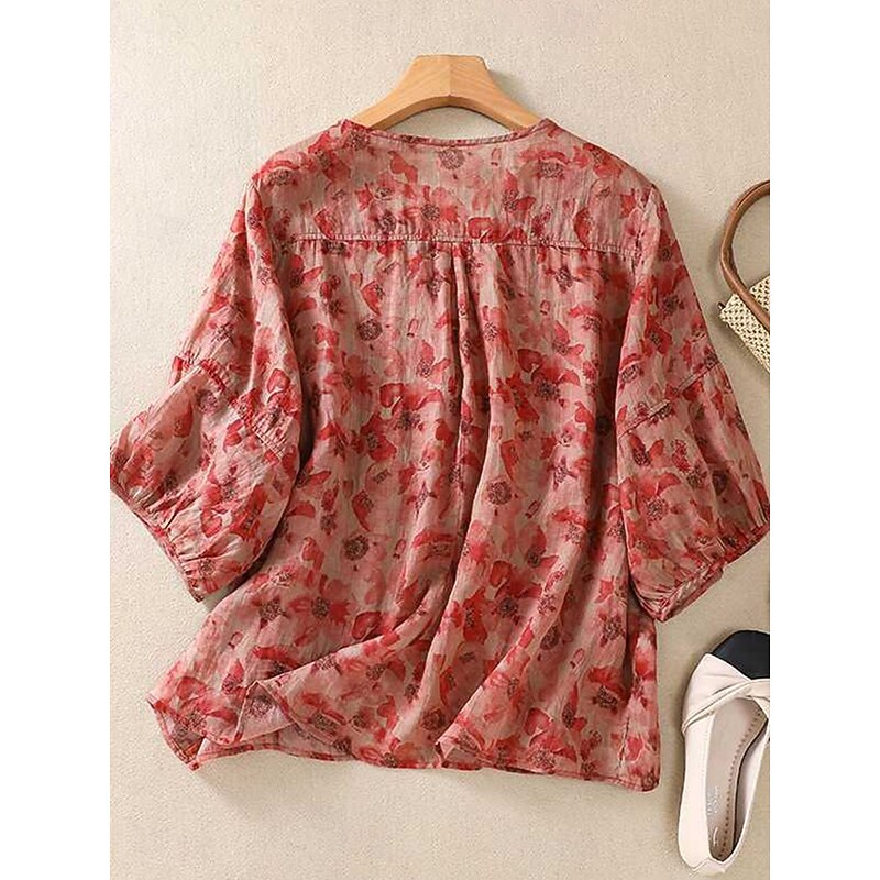 Women's Cotton Linen Shirts Floral Casual 3/4 Length Sleeve Crew Neck Regular Tops Daily Print Black Red Purple Green Summer3