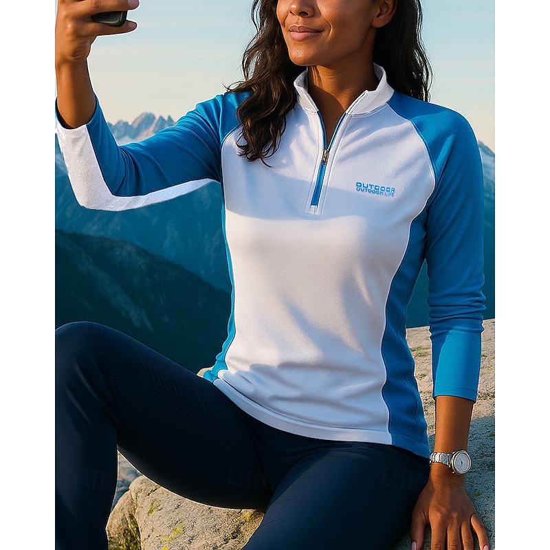 Women's Polo Sweatshirt Hiking Shirt Hiking top Long Sleeve Stand Collar Top Outdoor Breathable Quick Dry Lightweight Quarter-Zip Polyester Patchwork White Tennis Golf Running