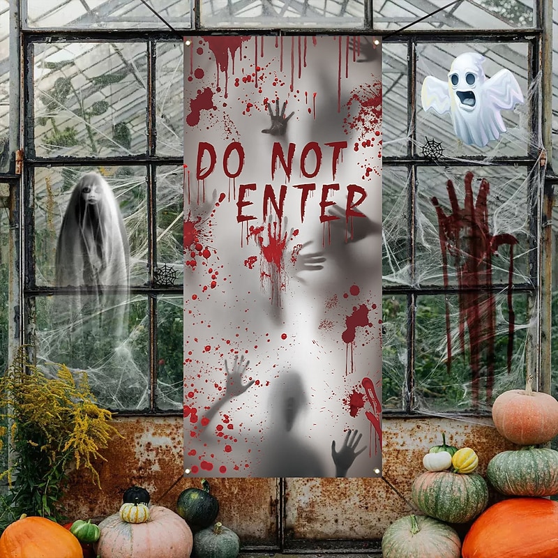 Halloween Window Door Cover, Fabric Made Halloween Window Door Decorations, Scary Bloody Handprint & Shadowy Figure for Haunted House Halloween Party Decorations2
