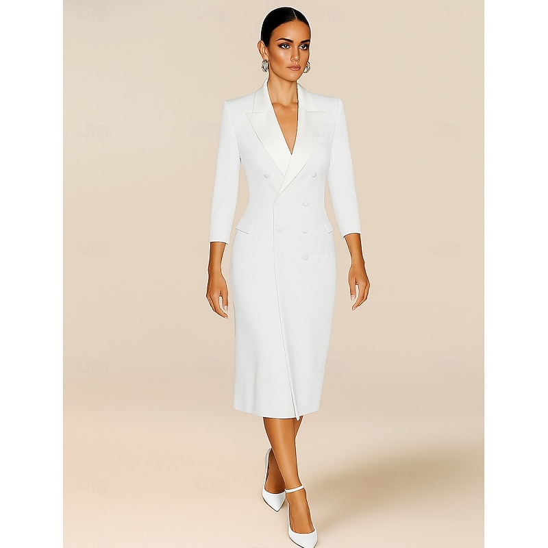 Tuxedo Dress Sheath / Column Formal Wedding Guest Satin Elegant Minimalist 3/4 Length Sleeve Tea Length Notched Lapels Lapel Double Breasted4