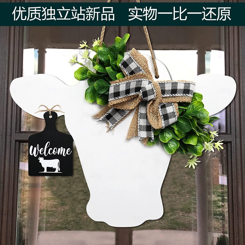 Farmhouse Cow Head Door Wreath with Buffalo Plaid Bow, Faux Floral Front Door Garland with Wooden Calf Sign, Rustic Country Wall Decor2
