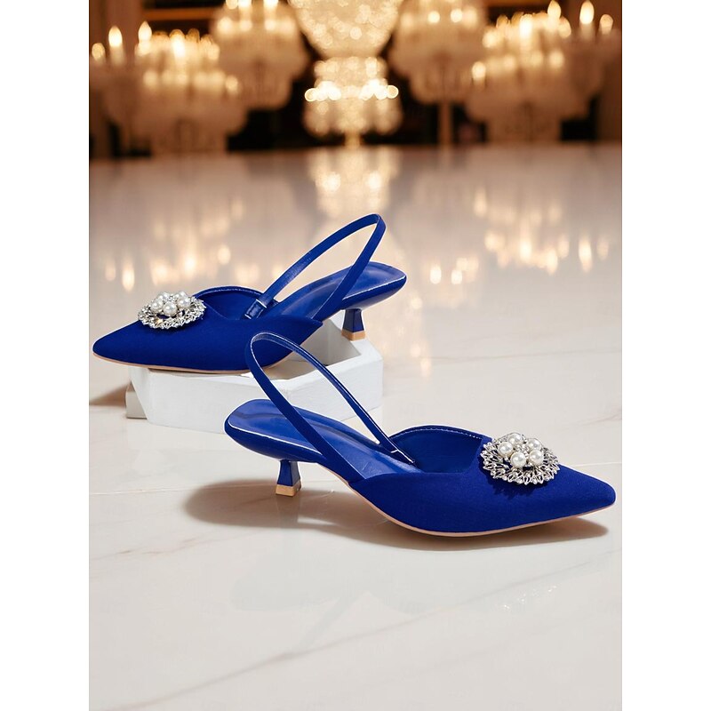 Women's Blue Satin Slingback Pumps with Pearl and Rhinestone Embellishment, Pointed Toe Kitten Heels for Upscale Parties and Cocktail Events4