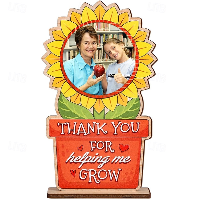 Personalized Photo Wooden Frame Decoration Custom Gift for Teacher, Thank You for Helping Me Grow Plaque, End of Year Graduation Gift from Student to Preschool or Kindergarten Teacher
