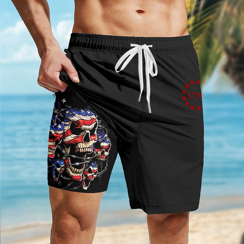 Independence Day Men's Skull US Flag Patriotic Lined Shorts 2 in 1 Board Shorts Swim Trunks Mid Waist Holiday Side Pockets With Compression Liner Elastic Drawstring Waist Designer Clothing Apparel