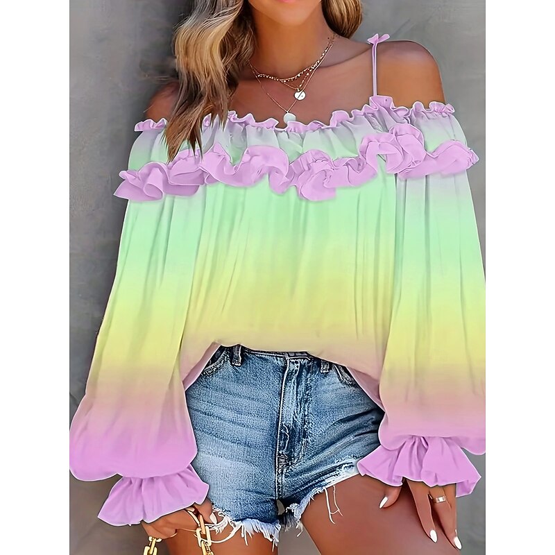 Women's Summer Tops Color Block Casual Long Sleeve Puff Sleeve Strap Regular Tops Pink Blue Sky Blue Green Summer