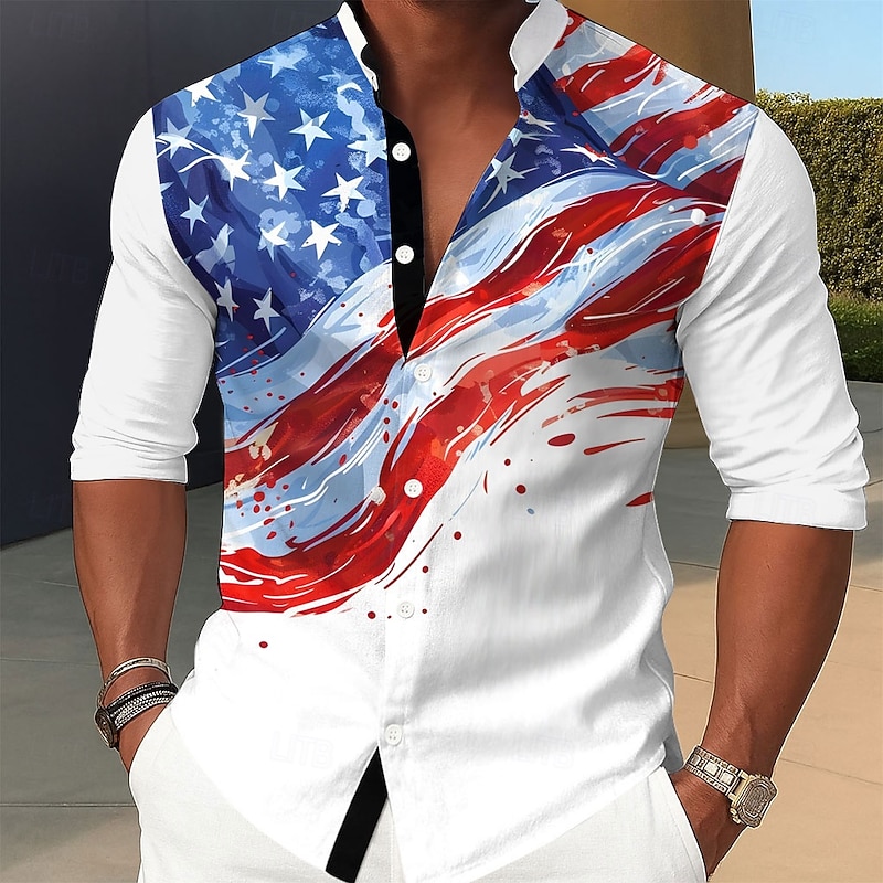 Independence Day Men's US Flag Patriotic Fourth of July Shirt Stand Collar Shirt Casual Dress Shirt Long Sleeve Casual Holiday Summer Spring Mandarin Collar Band Collar 3D Print Button Up Shirts2