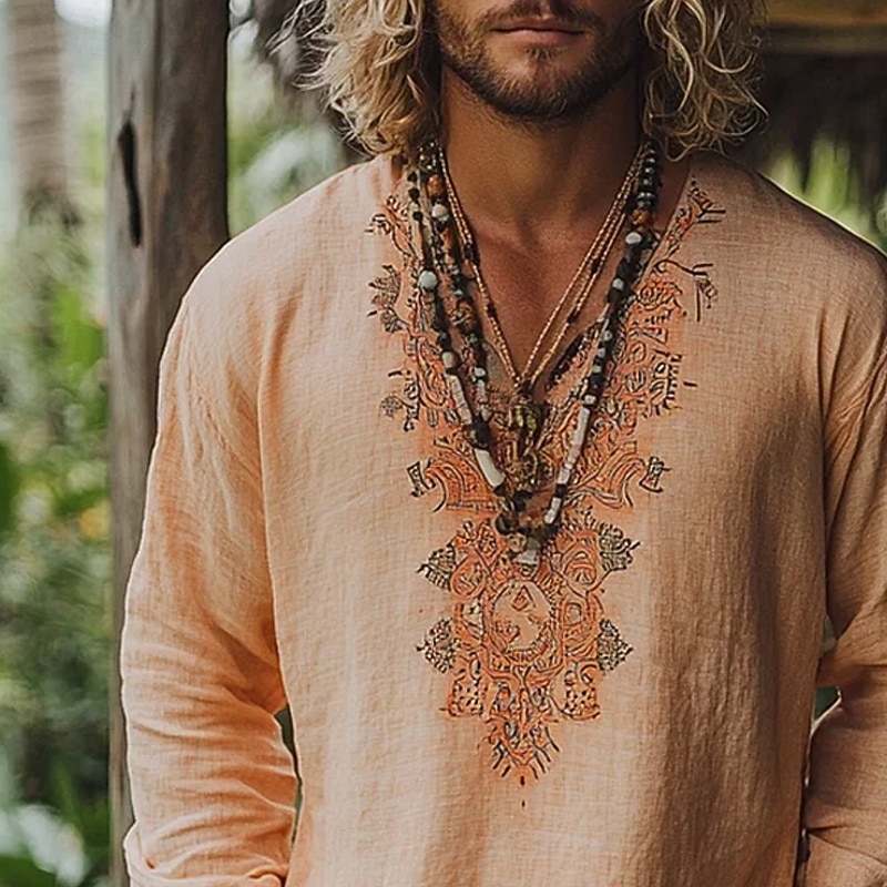 Men's Shirt Linen Shirt Popover Shirt Summer Shirt Beach Wear Geometric Vacation Street Pink Blue Orange Long Sleeve V Neck Summer Spring Clothing Apparel2