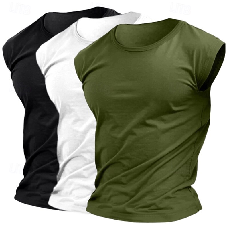 3-Piece Men's T Shirt Moisture Wicking Shirts Sleeveless Short Sleeve Crew Neck Summer Plain Sports Fashion Lightweight Vacation Casual Holiday Top Tee for Men3