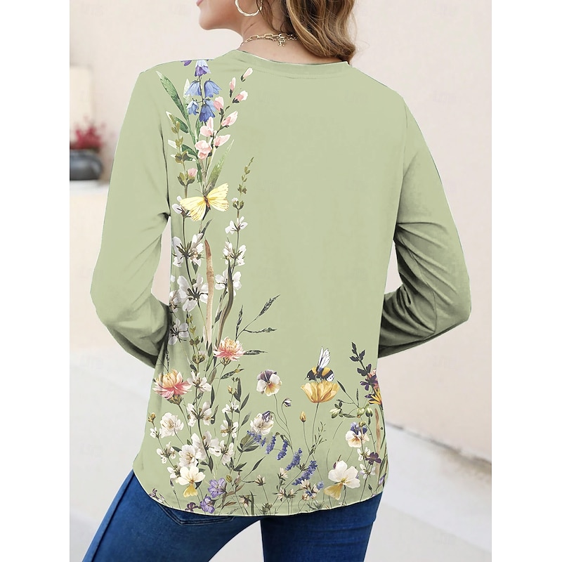 Women's T shirt Long Sleeve Crew Neck Long Sleeve Tunic Floral Casual Regular Tops Daily Print Sage Green Pink Blue Sky Blue Purple Spring Fall Prefall2