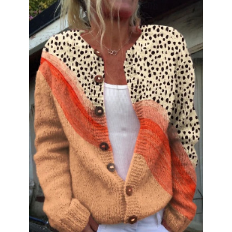 Women's Cardigan Sweater Knitted Ribbed Button Front Round Neck Long Sleeve Lightweight Elegant Fashion Streetwear Geometric Color Block Print Knit Outdoor Daily Weekend Black Yellow Fall Winter4