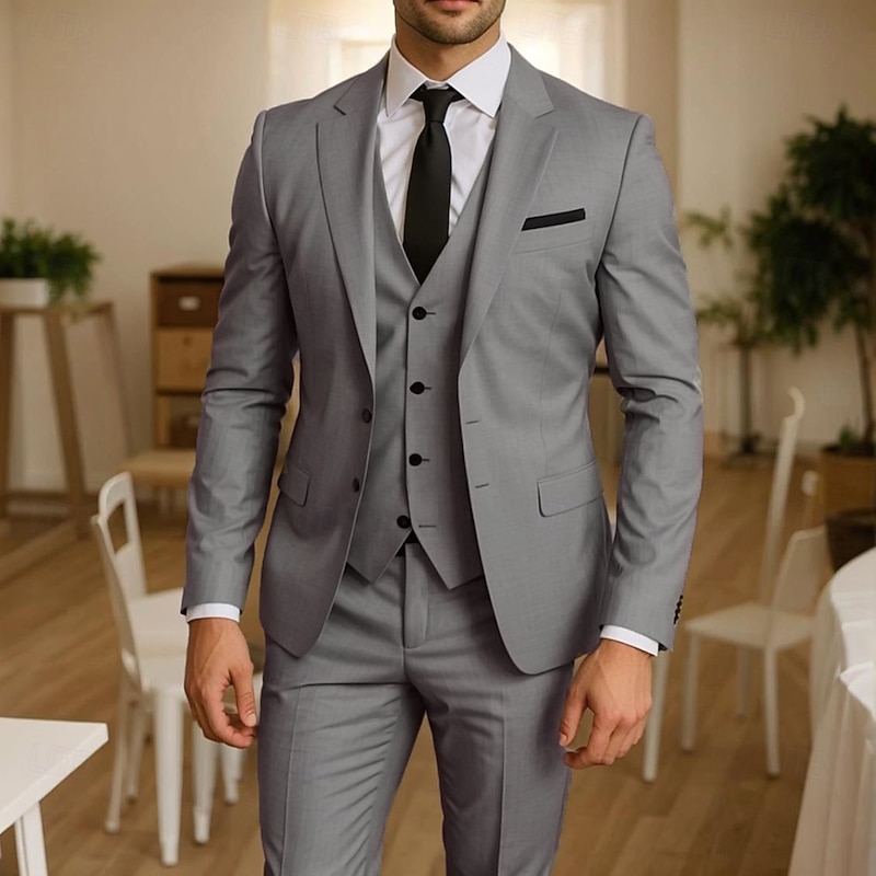 Men's Wedding Business Suits Light Grey Fashion Formal Solid Colored Slim Fit 3 Piece Single Breasted Two-buttons2
