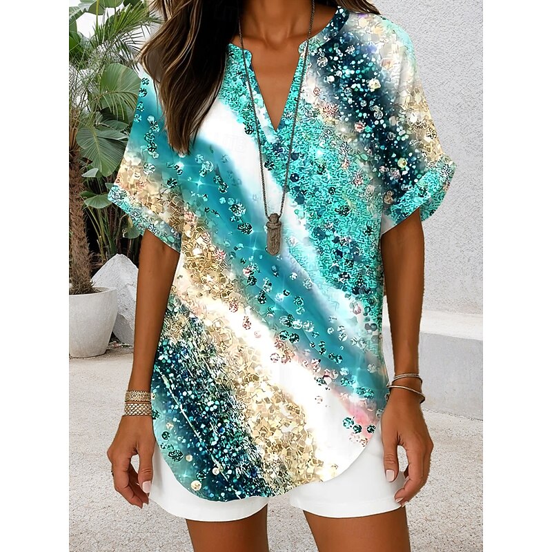 Women's Blouse V Neck Graphic Geometric Elegant Daily Stylish Short Sleeve Regular Tops Daily Holiday Blue Purple Green Summer Spring3