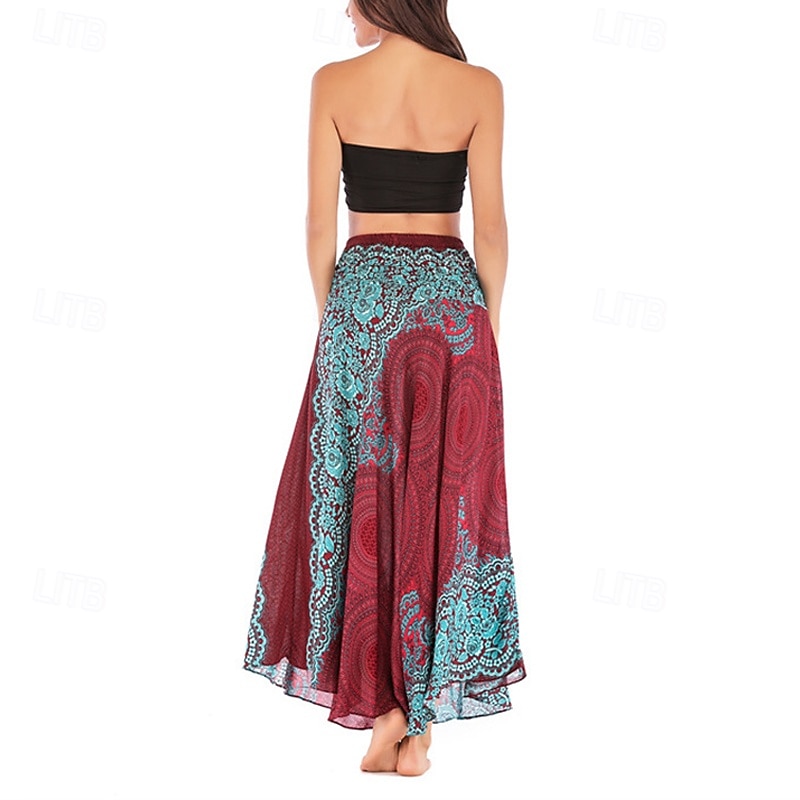Women's Skirt A Line Swing Casual Boho Maxi High Waist Skirts Floral Print Micro-elastic Vacation Holiday White Wine Royal Blue Dark Green Summer Polyester4