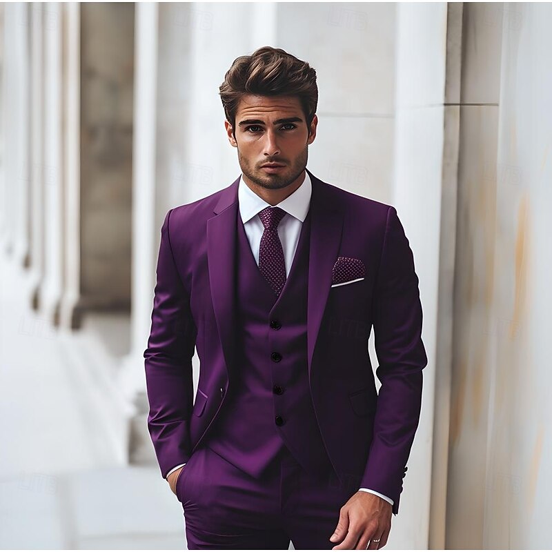 Men's Wedding Business Suits Notch Lapel Grape Navy Blue Fashion Formal Solid Colored Standard Fit 3 Piece Single Breasted One-button4
