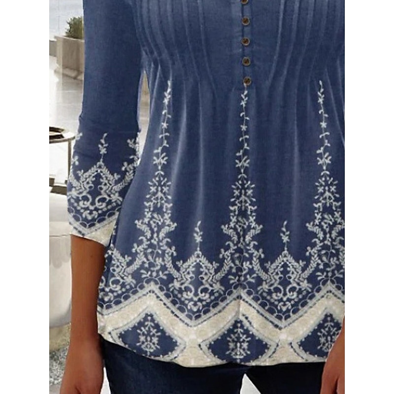 Women's Texture Blouse Blouse Print Daily Stylish 3/4 Length Sleeve Crew Neck Regular Tops Daily Holiday Buttons Print Blue Summer Spring3