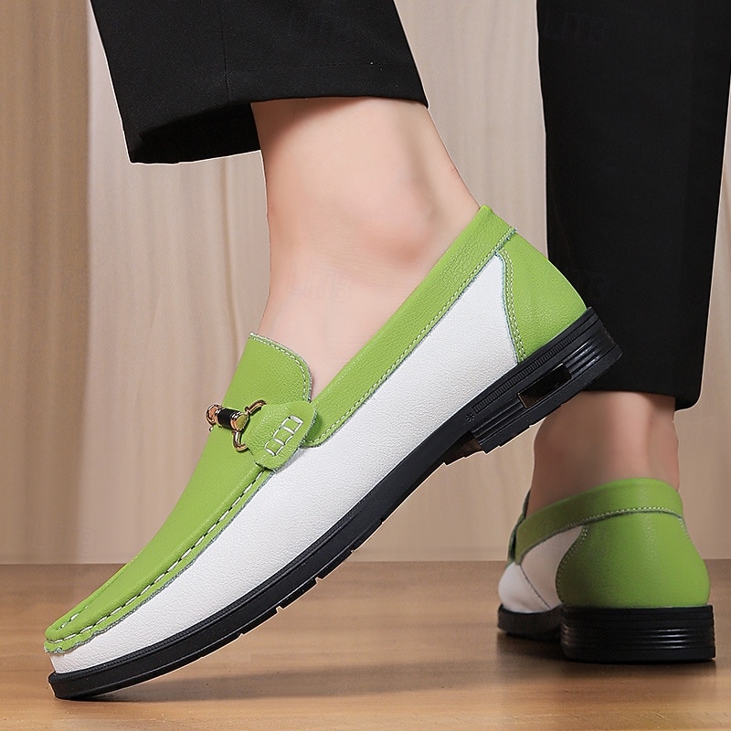 Men's Green and White Faux Leather Moccasin Loafers Fashion Slip-On Driving Shoes for Casual Wear and Spring Outfits3