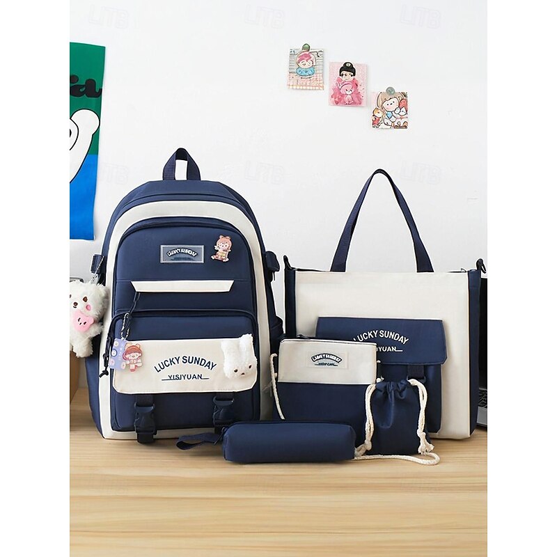 5-in-1 School Backpack Set with Plush Charms, Lightweight nylon, Kawaii Style, For Girls and Teen Students, Ideal for School and Daily Use