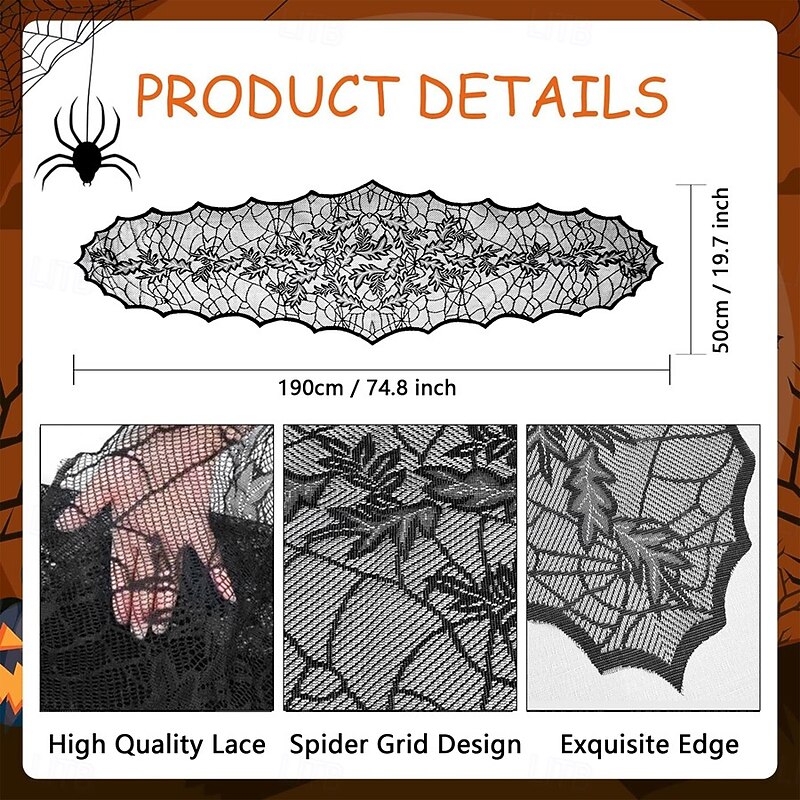 Lace Halloween Table Runner with Leaf Design Pattern for Halloween Table Decorations and Scary Movie Nights2