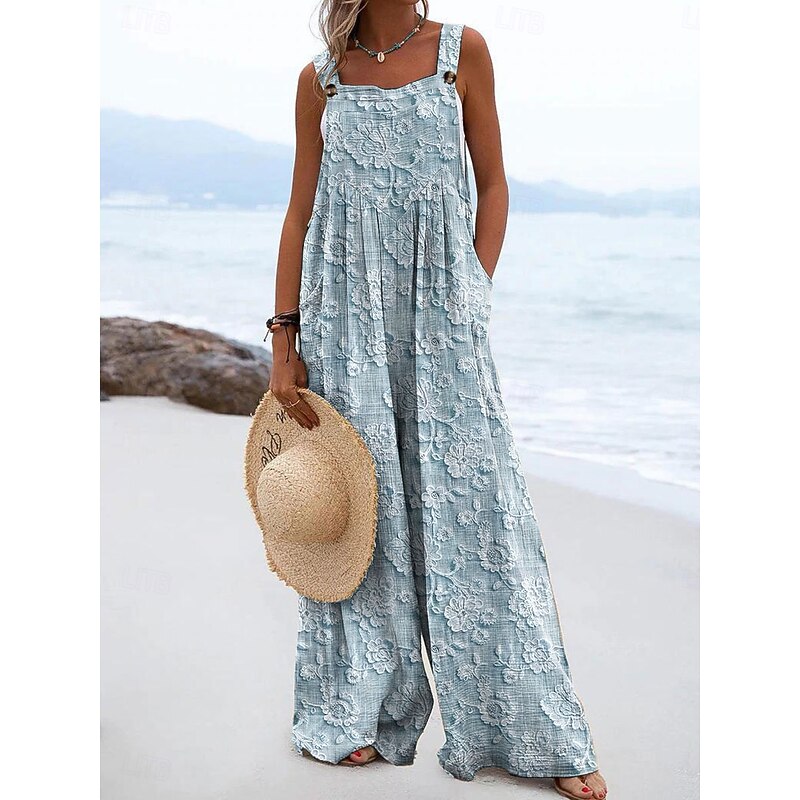 Women's Dungarees Active Floral Sleeveless Wide Leg Vacation Street Loose Fit Blue Purple Green Summer2