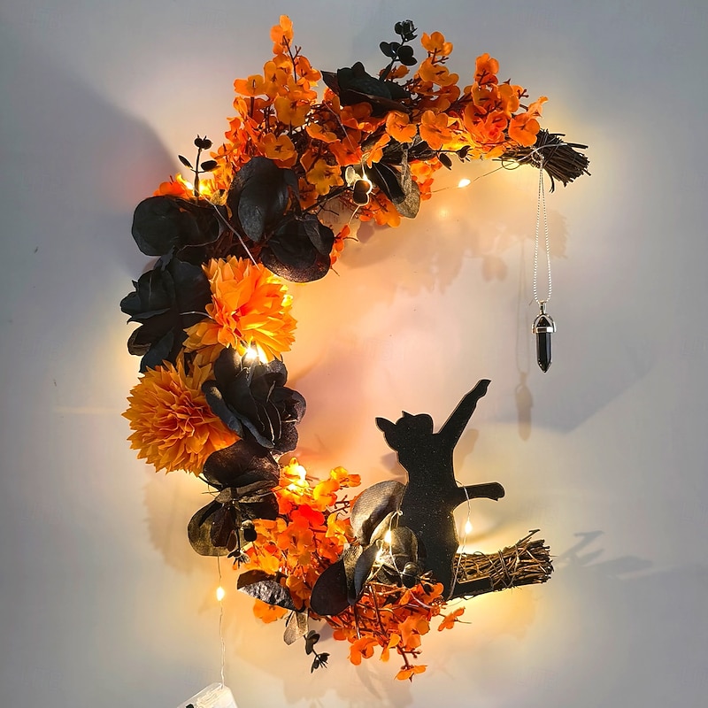 Halloween Curved Moon Wreath with Black Cat, Orange and Black Crescent Moon Door Hanger, Front Door Wreath for Outdoor Yard Porch Halloween Decoration2