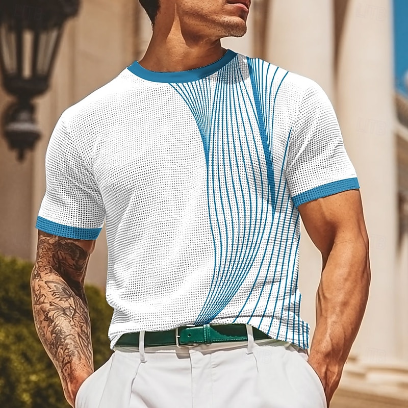 Men's Line Waffle Shirt Short Sleeve T shirt 3D Print Crew Neck Shirt Fashion Casual Comfortable Street Casual Daily Red Blue Green Summer Spring Clothing Apparel S M L XL XXL XXXL