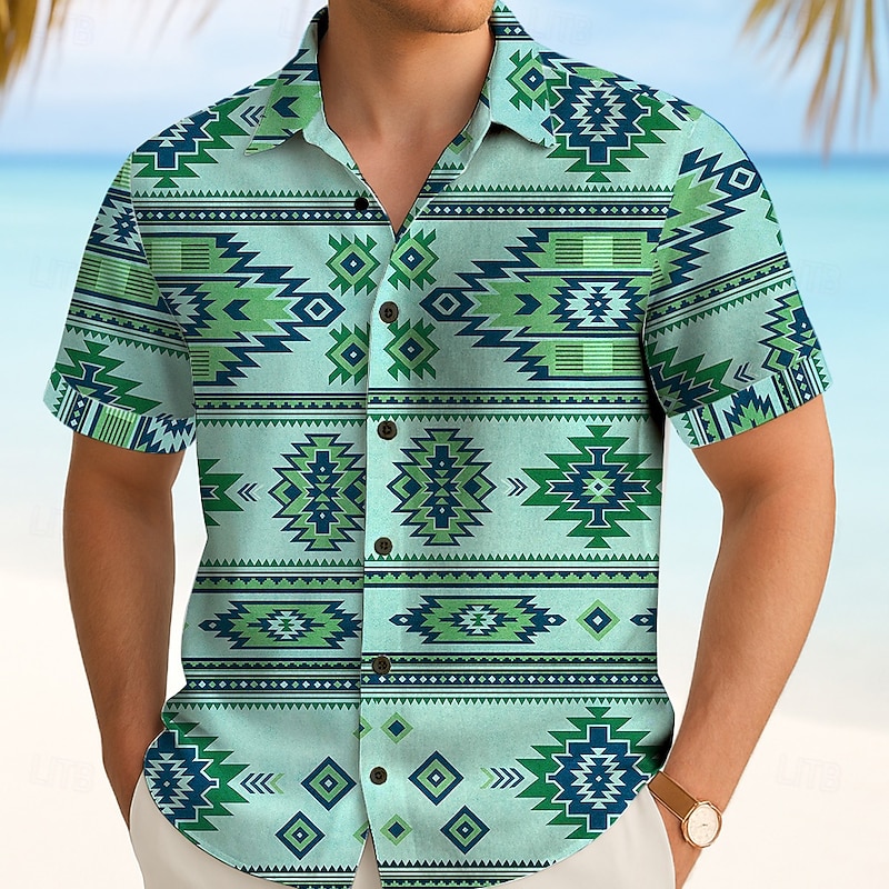 Men's Aztec Ethnic Indian Culture Shirt Summer Shirt Button Up Shirt Short Sleeve Vintage Retro Outdoor Vacation Dailywear Summer Spring Turndown 3D Print Collared Shirts Blue Green Khaki2