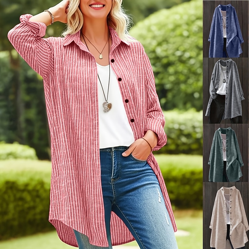 Women's Shirt Jacket Casual Jacket Comfortable Breathable Buttons Print Casual Plaid Vacation Street Casual Daily Wear Single Breasted Long Turndown Regular Fit Long Sleeve Outerwear Black Red Blue