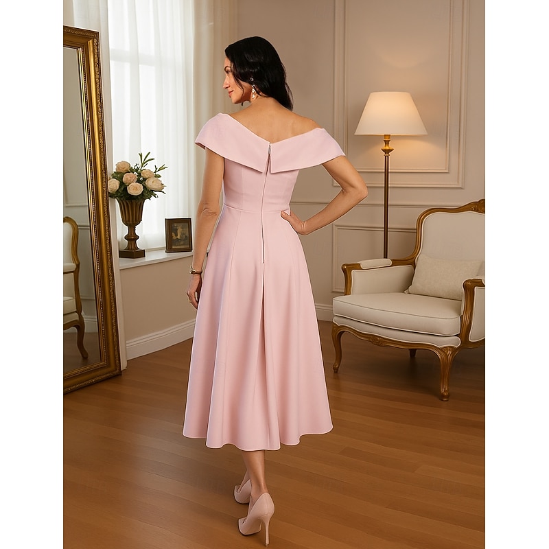 Sheath / Column Dress Mother of the Bride Dress Formal Elegant Vintage One Shoulder Tea Length Stretch Fabric Short Sleeve with Ruched Appliques Flower Race Day Dress2