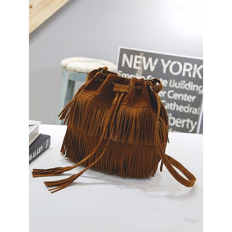 Women's Faux Suede Fringe Bucket Shoulder Bag – Bohemian Drawstring Crossbody Purse for Casual Outings, Festivals and Daily Wear