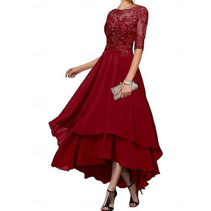 A-Line Mother of the Bride Dress Elegant Simple Boat Neck Asymmetrical Polyester Half Sleeve with Solid Color4