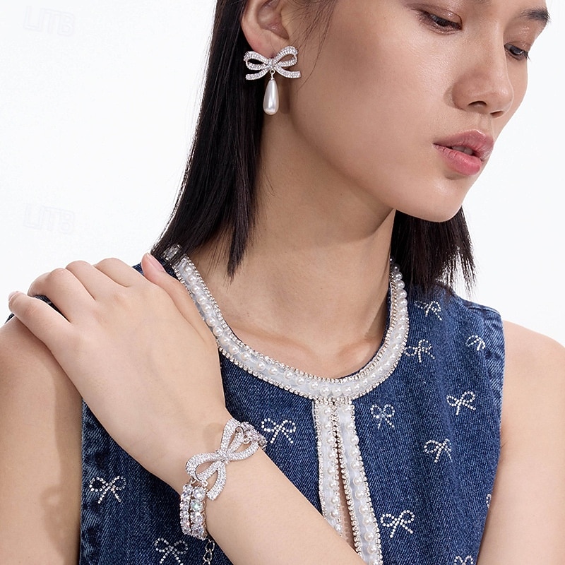 Bridal Jewelry Sets Two-piece Suit Crystal Pearl Zircon Earrings Bracelets Women's Elegant Fashion Luxury Cute Chandelier Drop Bowknot Drops Jewelry Set For Wedding Party Work