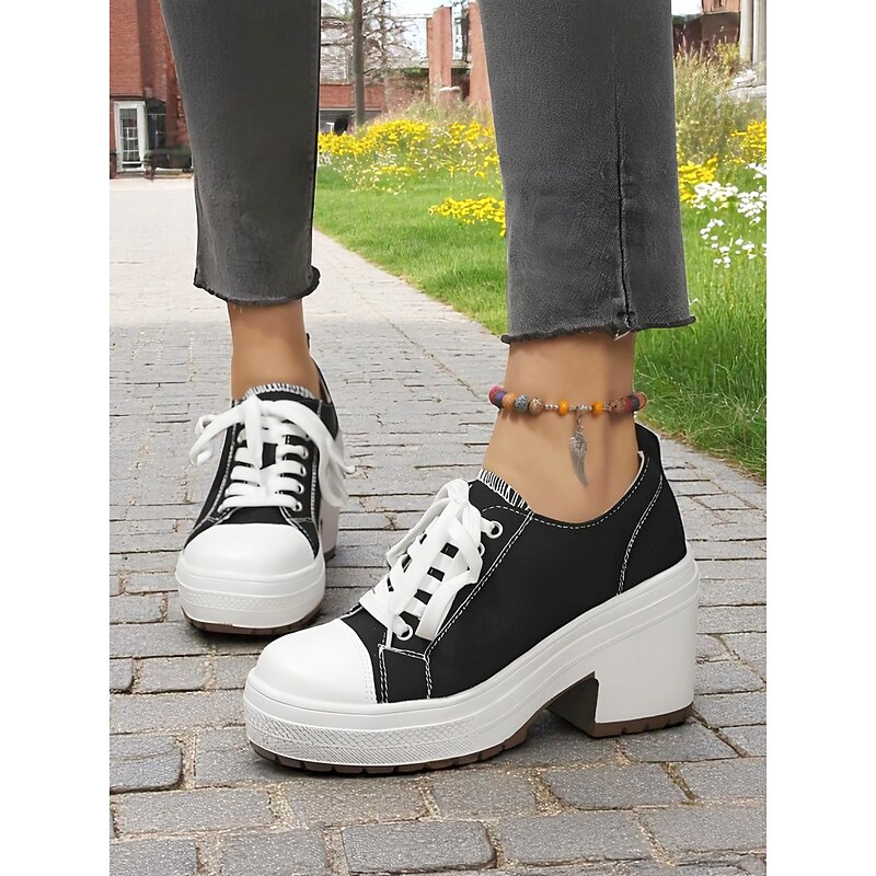 Women's Black Platform Chunky Heel Canvas Sneakers – Lace-Up Retro Street Style Shoes for Teens and Young Adults for Daily Walks Campus Life and Casual Outings3