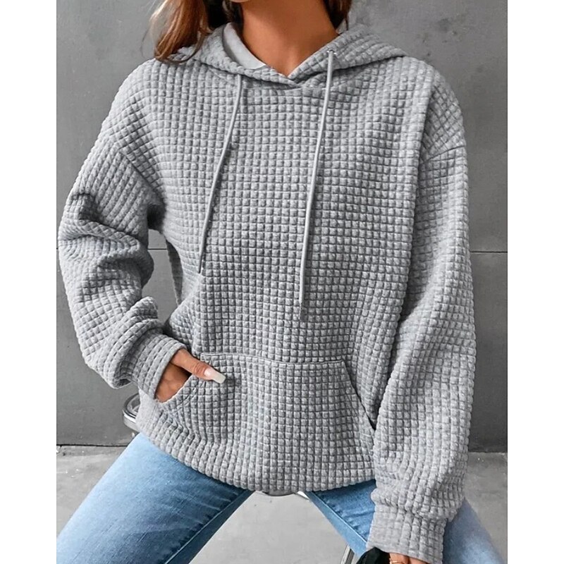 Women's Texture Sweatshirt Waffle Sweatshirt  Blouse Plain Modern Casual Long Sleeve Hooded Regular Tops Holiday Going out Pocket Black White Gray Summer3