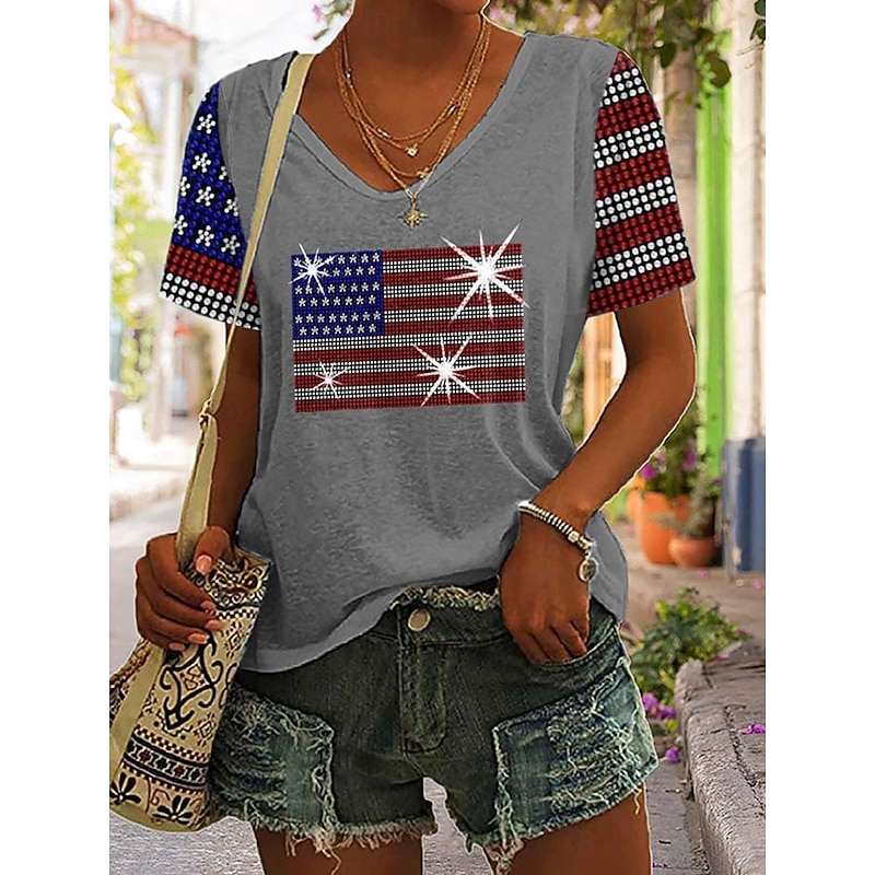 Women's Patriotic  T Shirt Graphic Flag Vintage Stylish Casual Short Sleeve V Neck Regular Tops Daily Print Black White Gray Summer Spring3