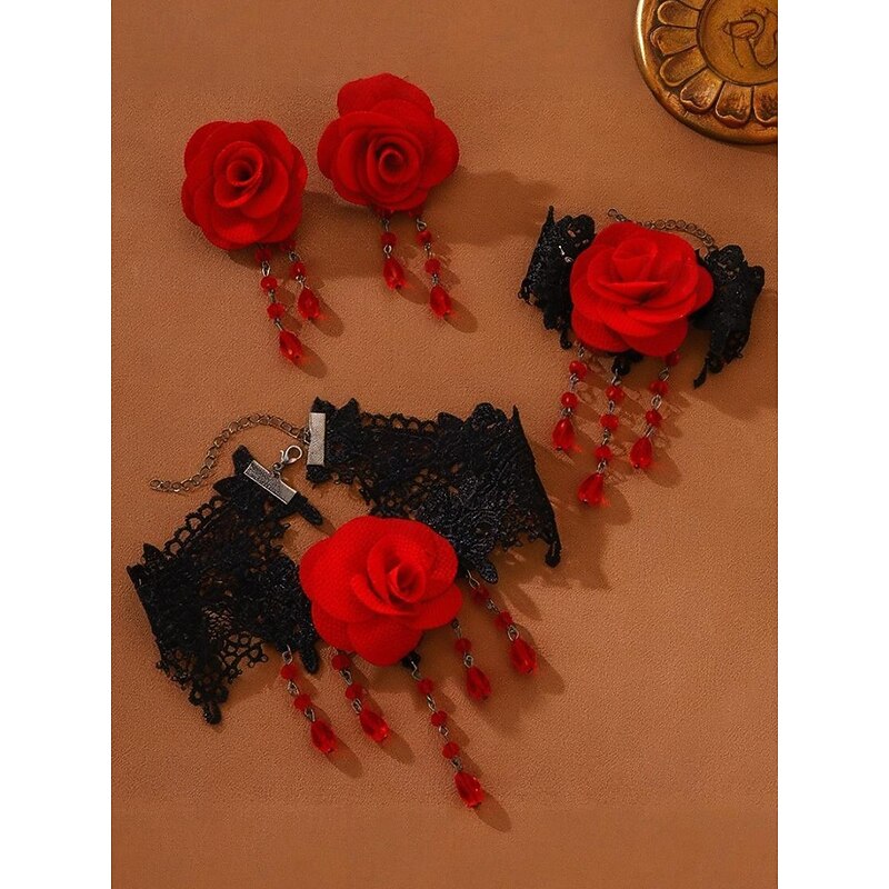 Women's Gothic Red Rose Jewelry Set with Lace Choker, Earrings and Bracelet, Vintage Victorian Costume Accessories for Halloween Party and Gothic Fashion3