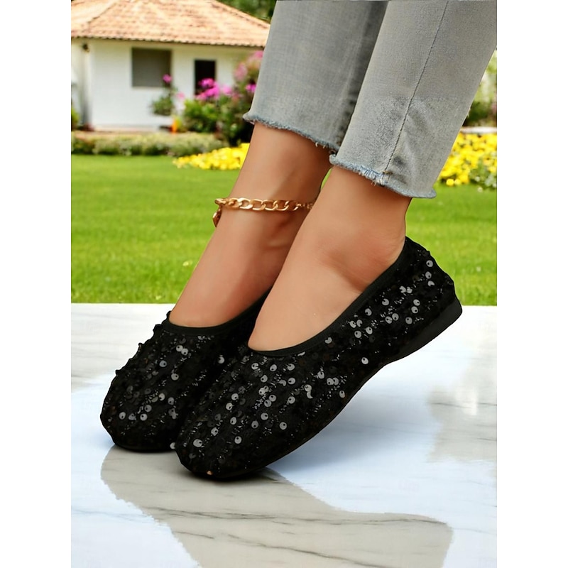 Women's Glitter Sequin Wide-Toe Ballet Flats, Soft Slip-On Barefoot Shoes for Evenings, Weddings and Elegant Garden Gatherings3