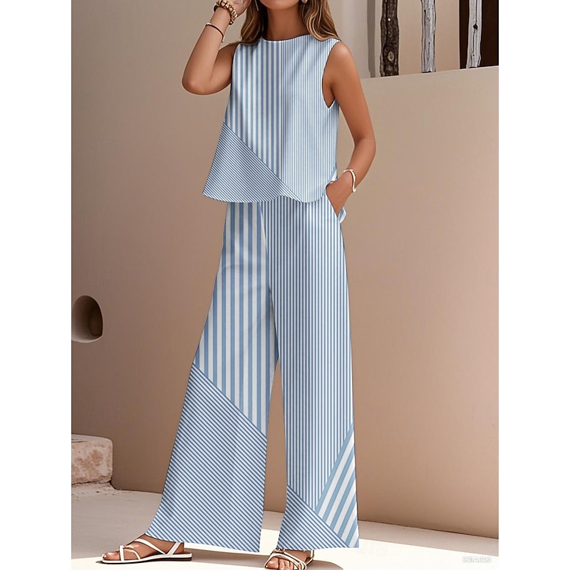 Women's Elegant Fashion Streetwear Two Piece Sets Blouse Vest Pants Trousers Sleeveless Crew Neck Outdoor Work Casual Striped Print Vacation Daily Holiday Blue Purple Green Summer Regular Fit