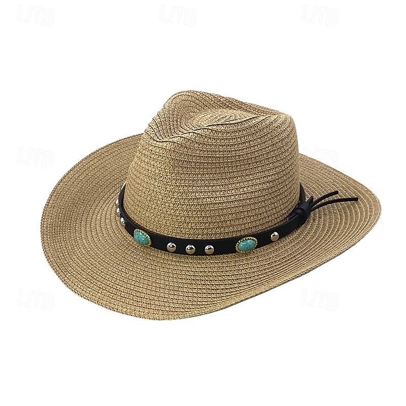 Straw Hat With Curled Brim And Leather Belt, Paper-Woven Straw Hat, Cowboy Hat, Sun Hat, Sun Protection Gentleman Hat4