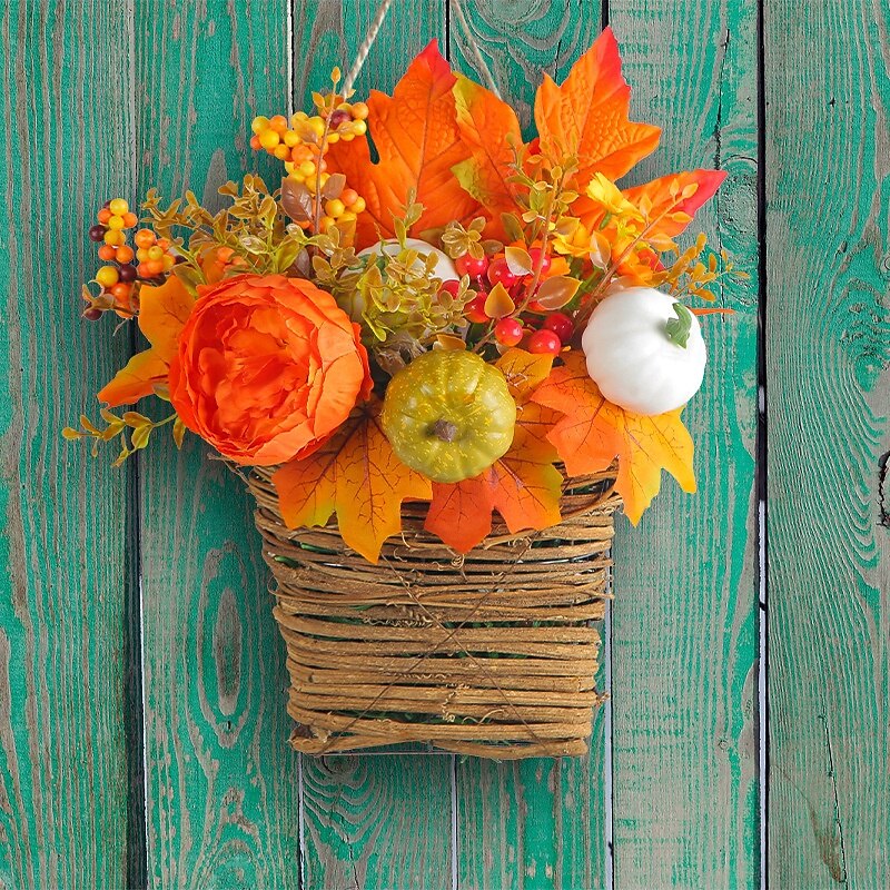 Fall Floral Basket Wreath for Front Door Thanksgiving Autumn Harvest Indoor Outdoor Decoration, Pumpkin Basket with Golden Maple Leaves Artificial Fall Garden Hanging Decor