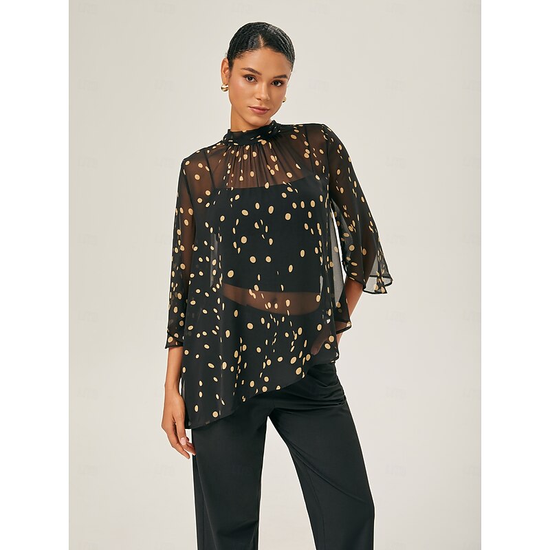 Black-Yellow Dot Asymmetric Chiffon Blouse3