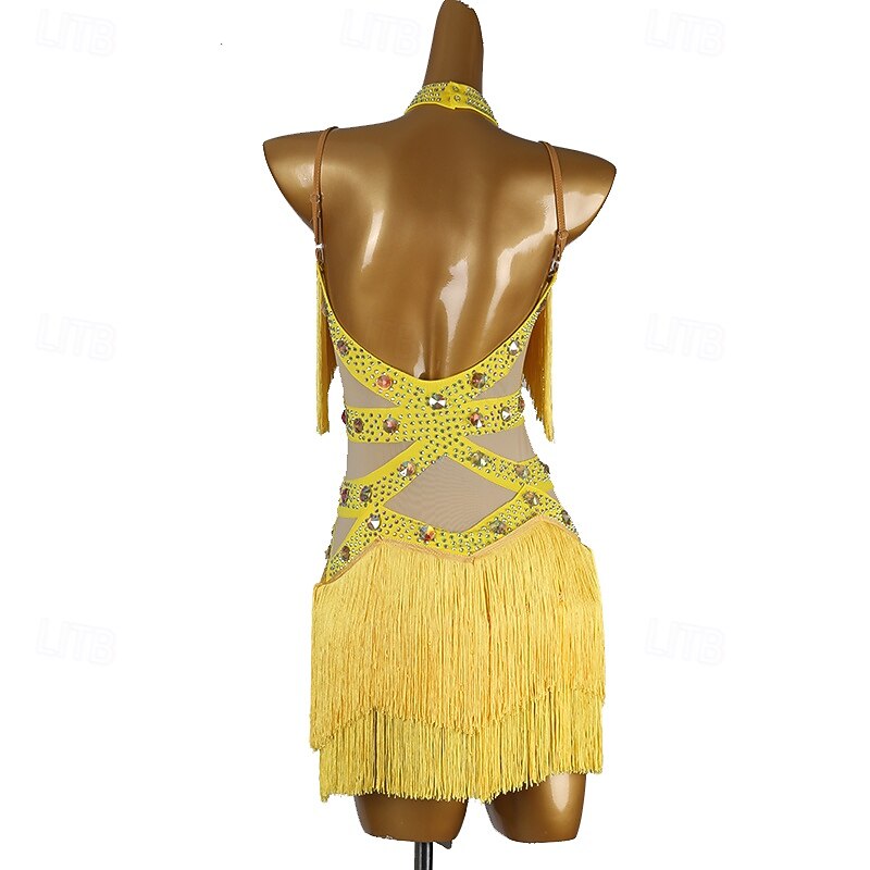 Latin Dance Dress Rhinestone Tassel Splicing Women's Performance Training Sleeveless Chinlon Mesh Spandex2
